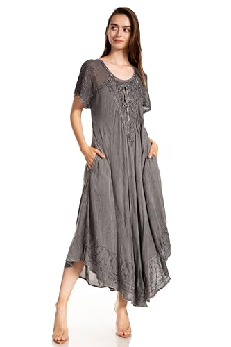Image of Sakkas Egan Long Embroidered Caftan Dress /Cover Up with Embroidered Cap Sleeves