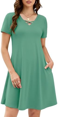 KORSIS Women's Midi Dresses Summer Casual T-Shirt Short Sleeve Criss Cross V Neck Swing Soft Loose Beach Party Vacation midi Dress with Pockets — Turquoise