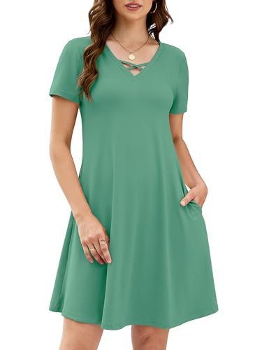 Image of KORSIS Women's Dresses Summer Casual T-Shirt Short Sleeve Criss Cross V Neck Swing Beach Vacation Sundress Dress with Pockets