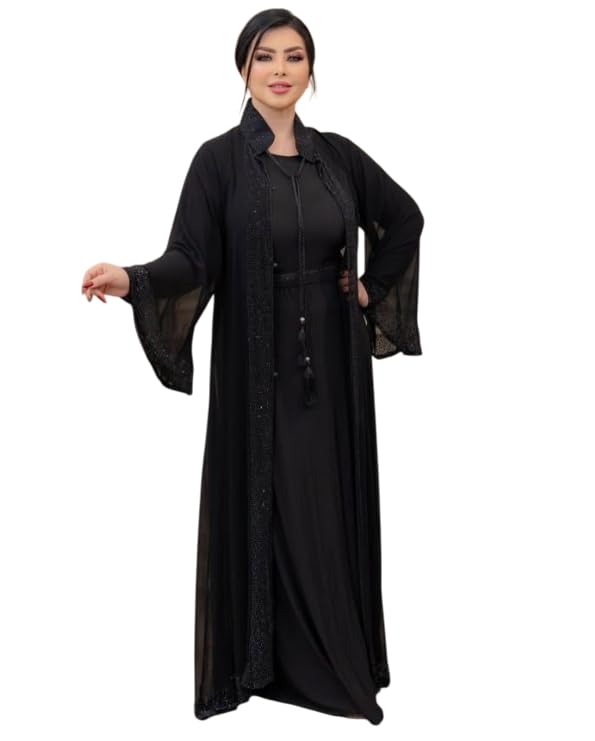Women's Elegant Burqa with Bell Sleeves, Embellished Design Jacket Pattern Burqa for women suitable up to 65kg body weight.-image-18