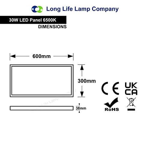 Long Life Lamp Company 30w LED Panel 300 x 600 Surface Mount Ceiling Down Light Cool White 6500K Includes Driver