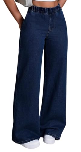 Image of ADBUCKS Women's Stretch Denim Wide Leg Jeans Comfort Fit with Elastic Waistband, Straight Cut, Casual Style for All Seasons, Versatile Clothing