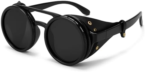 Adjustable Tint Steampunk Sunglasses – ND Filter, UV400 Polarized – Retro Round Shades, Leather Side Shields Adjustable Tint Steampunk Sunglasses – ND Filter, UV400 Polarized – Retro Round Shades, Leather Side Shields