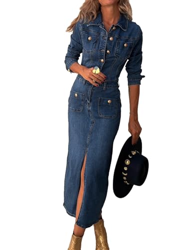 Conshvi Denim Dress for Women Trendy Long Sleeve Button Down Denim Maxi Dress 2025 Fall Bodycon Slit Long Jean Dresses3