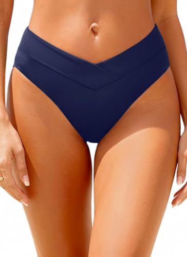 Daci Women Cheeky High Cut Bikini Bottoms V Cut Mid Rise Swim Bottoms Navy
