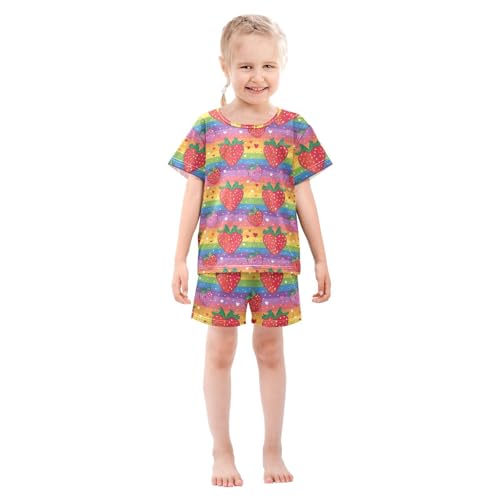 ALAZA Rainbow Strawberry and Hearts Pajama Set Short Sleeve Sleepwear Soft Lounge Nightwear3