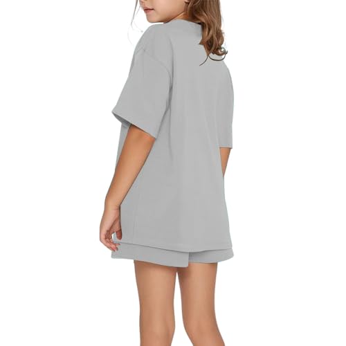 Girls Cute Sweatsuit 2 Piece Short Sleeve Oversized T Shirt Tops and Shorts Tracksuit Pocketed Activewear Workout Sets Summer2