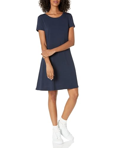 Amazon Essentials Damen Kurzärmeliges Swing-Kleid mit U-Ausschnitt (erhältlich in Übergröße), Marineblau, L