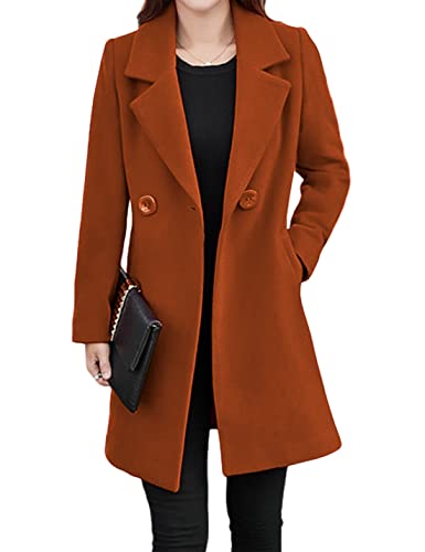 Tanming Womens Elegant Notched Collar Button Wool Blend Solid Long Pea Coat Overcoat (Caramel-M)