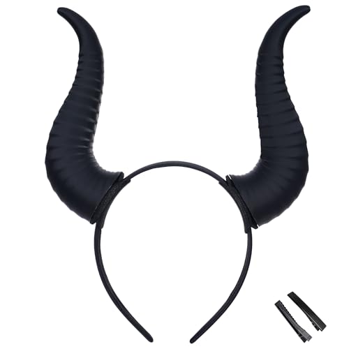 MOSTORY Dark Devil Horns Headband for Women Men Black Demon Horn Headband with 3D Printing Removable Bull Horns for Renfaire Cosplay