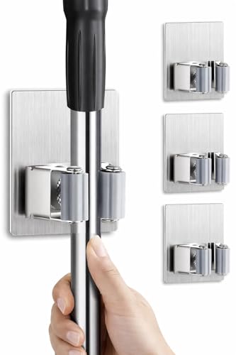 SKY-TOUCH 4 PCS Self Adhesive Mop And Broom Holder Wall Mount 304 Stainless Steel Waterproof Holders for Kitchen Bathroom Please Wait 24 Hours After Pasting Before Using No Need Drill
