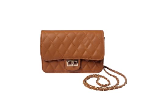Bolsa Transversal Feminina Matelassê, Caramelo, Alça de Corrente Dourada, Fecho Metálico