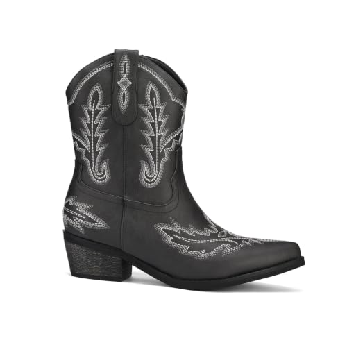 Image of Rhinestone Ankle Cowboy Boots for Women Embroidered Short Cowgirl Boots with Low Heel Side Zipper Comfortable Chunky Heel Western Booties for Prom Party Wedding Pull On Shoes