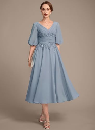 Tea Length Mother of The Bride Dresses for Wedding Chiffon V Neck Formal Evening Party Dress AU1324