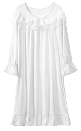 CHUNG Camisón vintage para niñas pequeñas y grandes, estilo victoriano, camisón de algodón modal con lazo de encaje, Blanco-largo, 7-8 años