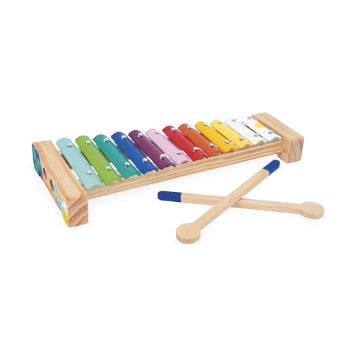 Janod - Xylophone en Bois et Métal - Instrument de Musique Enfant - 12 Touches et 2 Baguettes incluses - Jouet d'Imitation et d'Éveil Musical - Peinture à l'eau -Dès 18 Mois, J07663