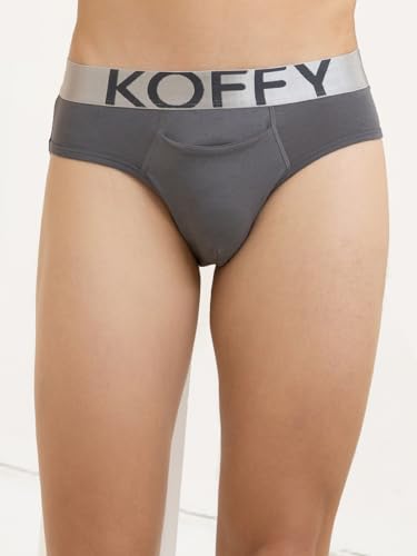 Image of KOFFY Men's Premium Cotton Lycra Brief with Minus Cutting Pouch| Silver Metallic Elastic| 4 Way Stretch| Wrinkle Free| Pack of 1
