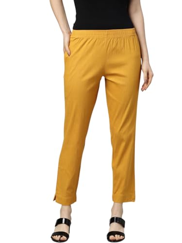 Image of MINELLI Women Solid Cigar Pants, Cotton Lycra Slub Fabric, Elasticated Waistband, Pull On Style, Regular Fit Bottom Wear for Western and Ethnic Wear