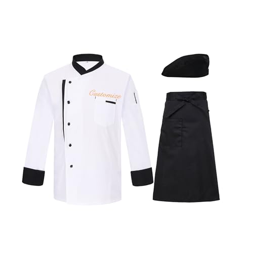 Customized Chef Uniforms Long-Sleeved Men Women Restaurant Hotel Catering Bakery Chef Apron Hat Set C-White