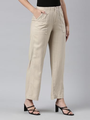 Image of GO COLORS Solid Linen Cargo Pants for Women | Full Length, Mid Rise, Side Pockets