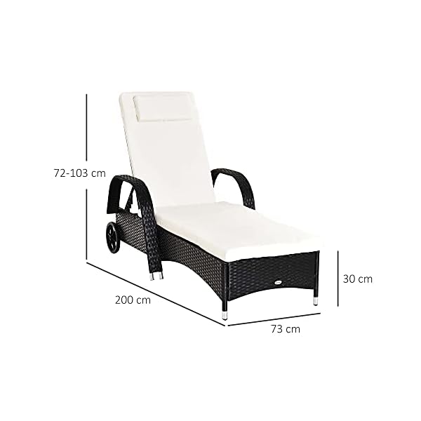 Outsunny Garden Rattan Furniture Single Sun Lounger Recliner Bed Reclining Chair Patio Outdoor Wicker Weave Adjustable Headrest with Fire Retardant Cushion - Image 3