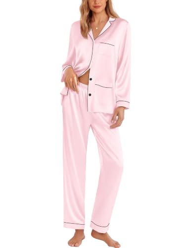 Image of Ekouaer Pajamas for Women Silk Satin Button Down Long Sleeve Pajama Sets