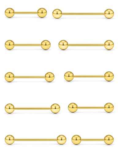 Lcolyoli Tongue Rings Nipple Rings Stainless Steel 16G Straight Barbell Nipple Piercing Jewelry 12mm/14mm/16mm/19mm/22mm Goldtone