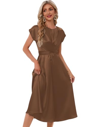 Image of Women's Summer Satin Dress Elegant A-Line Cap Sleeves Tie Waist Flowy Midi Dress Cocktail Wedding Guest Dress