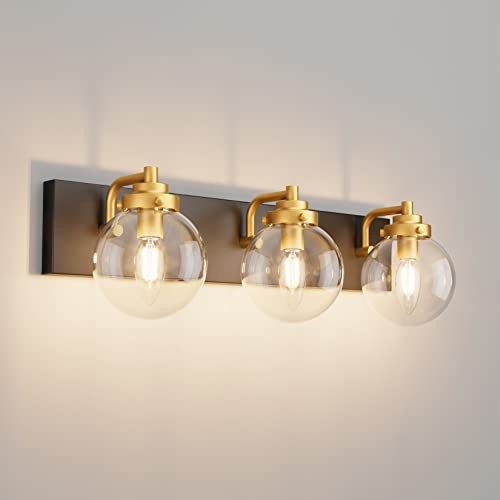 Image of Tipace Black and Gold Bathroom Vanity Light 3-Light Bathroom Light Fixtures Vintage Vanity Lighting Over Mirror with Clear Globe Glass Shade Bathroom Wall Sconce Lighting (Exclude E26 Bulb)
