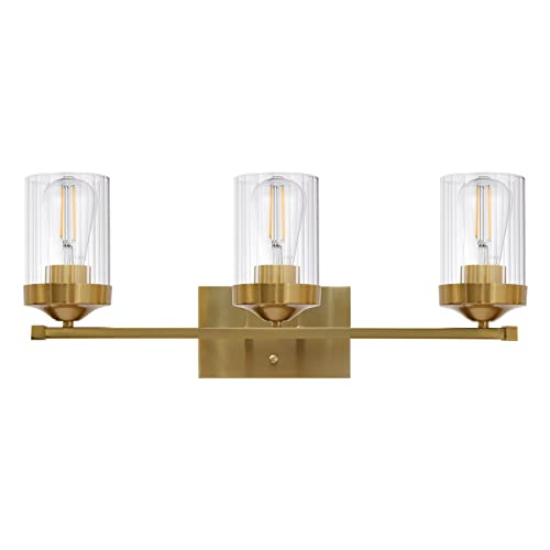 ELUZE Modern Vanity Light ,3 Lights Brushed Brass Clear Ribbed Glass Bathroom Lighting for Bathroom Bedroom Corridor Stairs Dressing Table, Vanity Table Wall Lamp