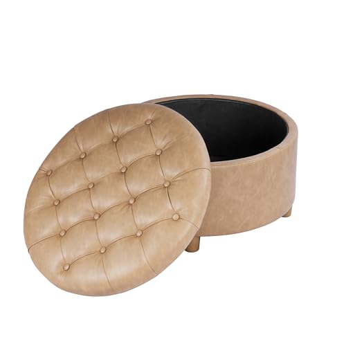 Image of HomePop 28 inch Button Round Storage Ottoman - Light Camel Faux Leather