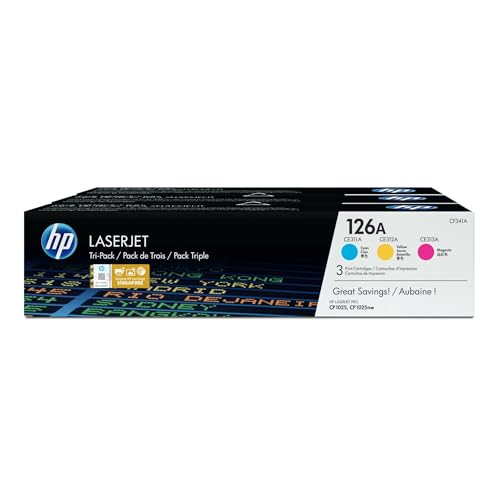 HP 126A CE310AD, Cian, Amarillo y Magenta, Cartuchos Tóner Originales, Pack de 3, para impresoras HP LaserJet Pro serie CP1020, CP1025, TopShot M275 y 100 Color MFP 175