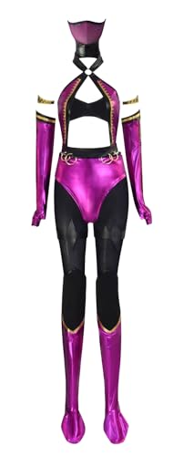 Waosxmu Women's Mileena Cosplay Costume Purple Jumpsuit Bodysuit Fighting Suits with Gloves Stockings for Halloween (Purple, Large)