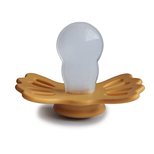 Image of FRIGG Lucky Symmetrical SilkySoft Silicone Baby Pacifier | Made in Denmark | BPA-Free (Great Gray /Honey Gold, 6-18 Months)