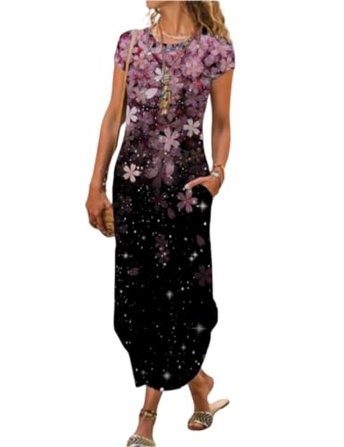 Image of Women Summer Casual Maxi Dress Floral Printed Loose Pockets Short Sleeve Split Boho Dresses
