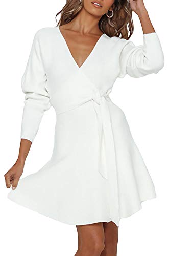 Meenew Women's Knitted Tunic Dress V Neck Long Sleeve Mini A Line Dress White S