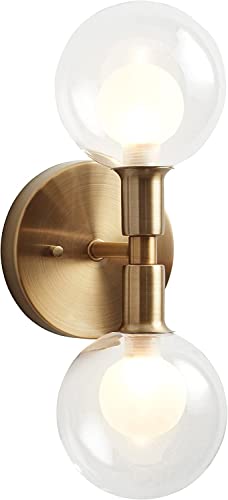 Image of Francis Millar Modern Two Light Brushed Gold Metal Wall Sconce Lighting Fixture with Light Bulb and Clear Glass Shades ~ Provides Style and Grace to Your Home with Hand-Blown Glass Orbs