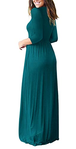 Image of WNEEDU Women's 3 /4 Sleeve Casual Loose Long Maxi Dresses with Pocket | Empire Elastic Waist, Crewneck, Floor Length, Soft Stretchy Flowy, Formal Dress, Wedding Wear, Solid Color and Prints