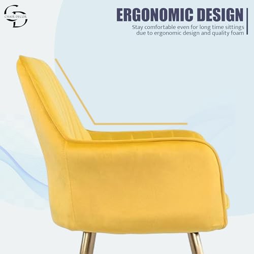 Image of Velvet Accent Chair with Matching Pouffe & Floral Cushion | Modern Upholstered Armchair with Gold Metal Legs | Lounge Chair for Living Room, Bedroom, Office, Guest Room (Yellow)