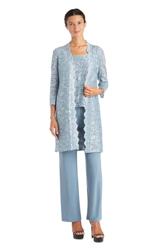Image of R&M Richards Women's 3-Piece Scallop Glitter Lace Duster Pant Set for Mother of the Bride, Wedding Guest, Cocktail Attire