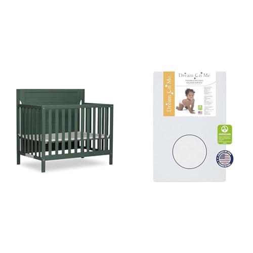 Image of Dream On Me Bellport 4 in 1 Convertible Mini Crib Safari Green 40"x25"x33" & Holly 3" Fiber Portable Mini Crib Mattress White
