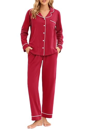 Image of LUBOT 100% Cotton Pajamas for Women Pajama Set Soft 2 Piece Sleepwear PJ Set Long Sleeve Button Knit Cozy Loungewear XS-XXL