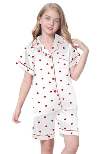 Image of Schbbbta Girls Womens Pajamas, Satin Silky Pjs Set Kids 2Pcs Button-Down Nightwear Sleepwear Gift for Mommy and me