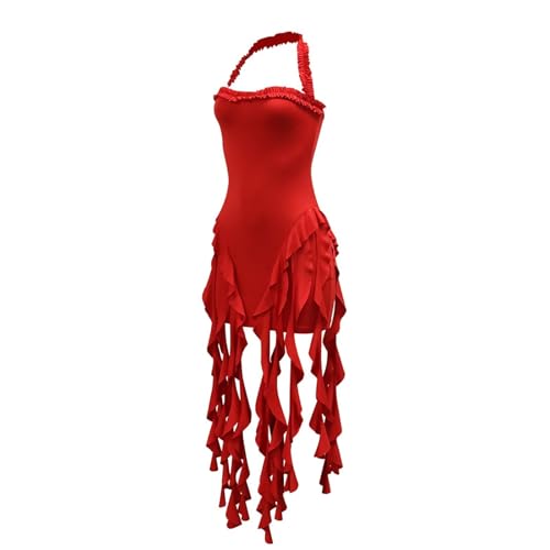 Aro Lora Womens Sexy Halter Neck Sleeveless Ruffle Tassel Party Club Bodycon Mini Dress3
