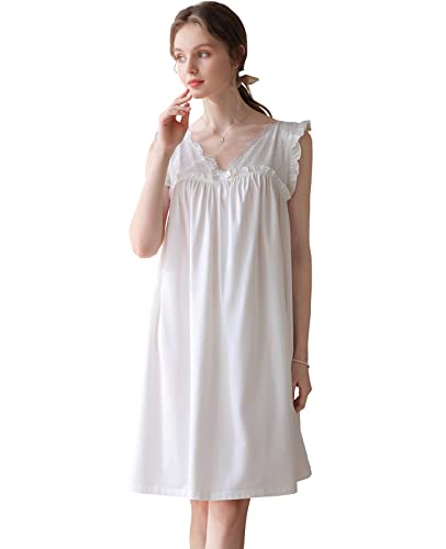 Nanxson Women's Knitted Cotton Nightgown Sleepwear Sleeveless Sleep Dress V Neck Lace Nightwear Victorian Loungewear3