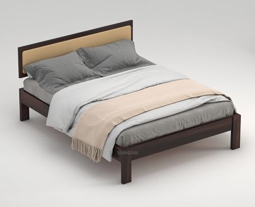 Image of SUNCOM Wooden Queen King Bed for Bedroom | Wooden Double Bed | Platform Cot Bed with Upholstered Cushioned Headboard | 6.5 x 6 Ft | Sheesham Solid Wood, Walnut Finish