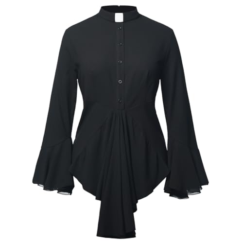 Blusa Irregular de Manga Larga Acampanada para Mujer, con Cuello de lengüeta, para clérigo, Ministro, Sacerdote, Negro, 3XL
