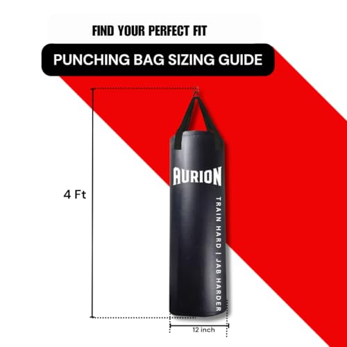 Image of Aurion 4ft Unfilled Heavy Punching Bag | Premium PU Leather Boxing Bag for Home Gym & MMA | Durable Triple-Stitched Nylon Straps for Muay Thai, Kickboxing & Martial Arts Training (Black)