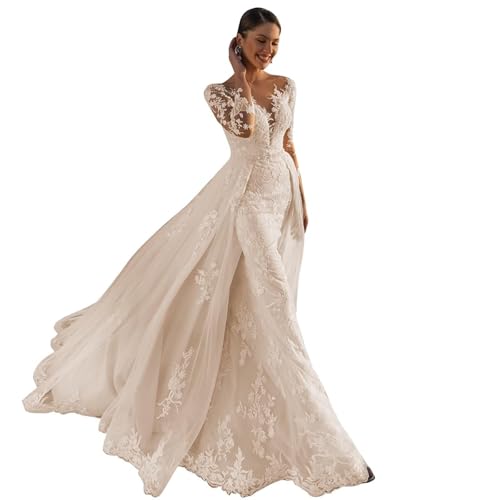 Long Sleeve Lace Beach Tulle Wedding Dress for Bride Mermaid Boho Wedding Dress with Detachable Train