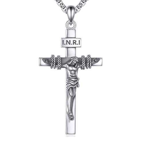 Collier croix de Jésus en argent 925 pendentif crucifix catholique chaîne réglable pour homme